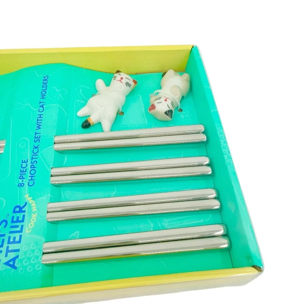 Chefs Atelier 8 Piece Chopstick Set with Kitty Cat Holders Stainless Steel NEW